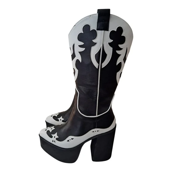 Current Mood stylish black and white Women's Platform heeled cowboy Boots - Picture 3 of 13